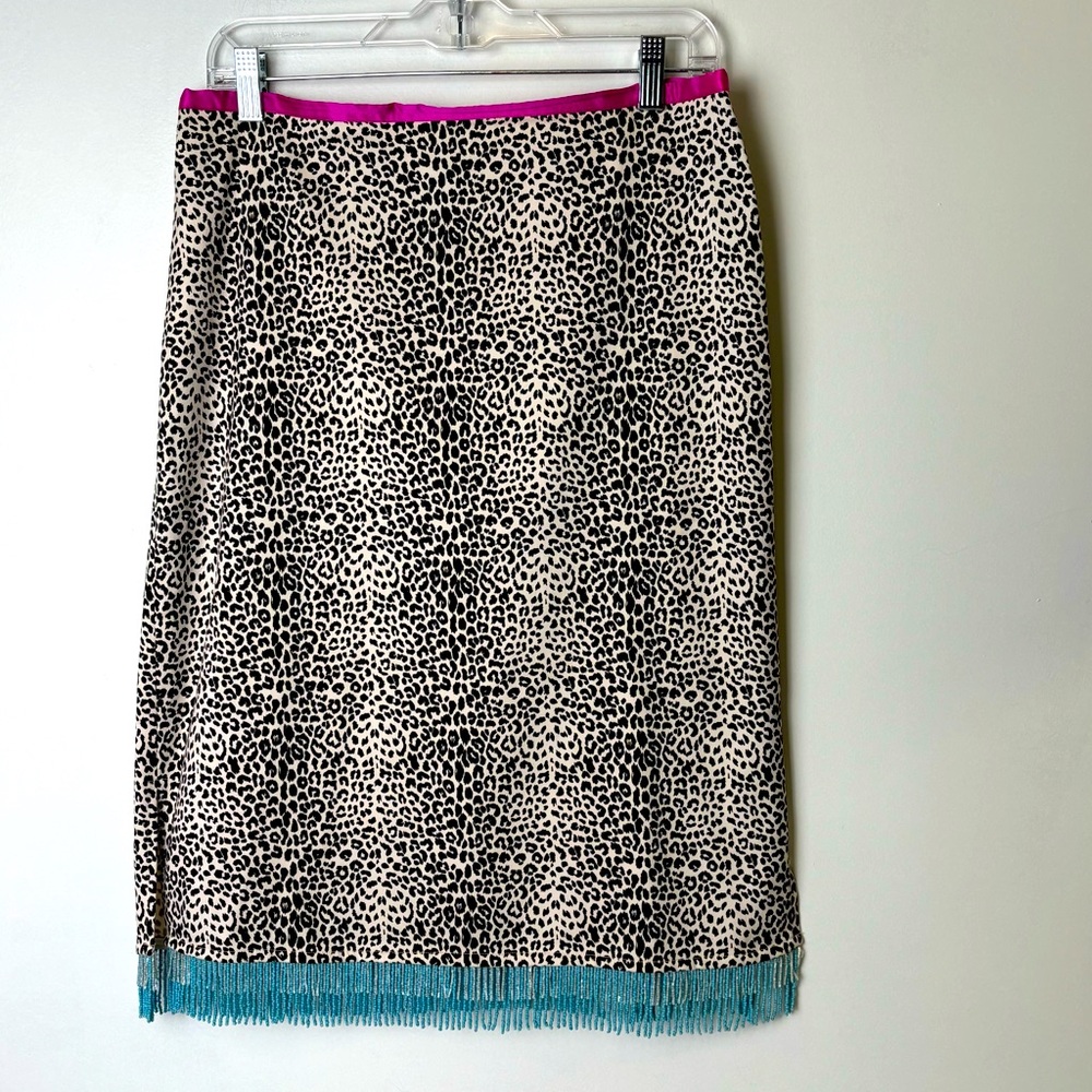 Leopard-Print Pencil Skirt with Pink Waistband and Turquoise Fringe
